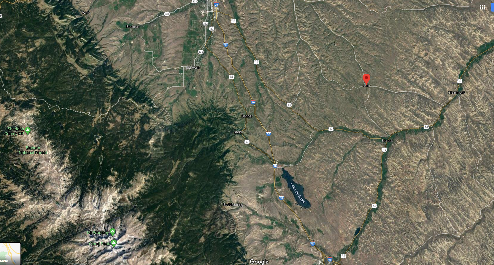 Ulm, Wyoming. Satelliten-Bild. Ulm, Wyoming. Satelliten-Bild der Gegend.