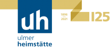 125 Jahre Ulmer Heimstätte 1896 - 2021. Logo des Jubiläums-Jahres Logo der Ulmer Heimstätte zum 125. Jubiläum: Ein goldenes Band und die Zahl 125 ist dem blauen Heimstättenlogo hinterlegt.